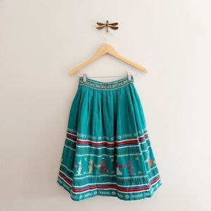 Vintage Guatemalan Teal Handwoven Cotton Midi Skirt with Novelty Embroidery